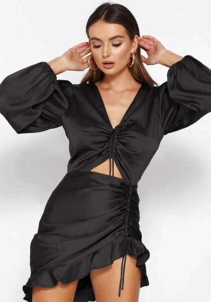 Black Satin Dress With Sleeves