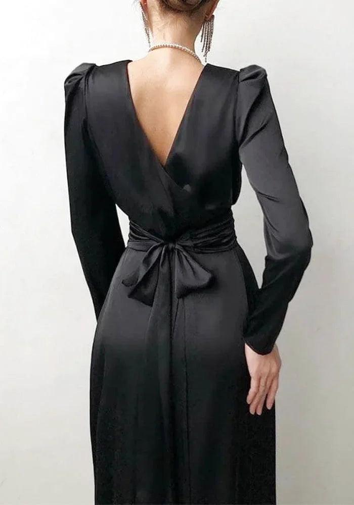 Black Satin Long Sleeve Dress