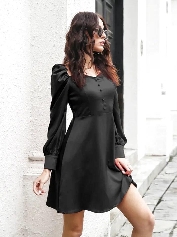 Black Satin Long Sleeve Mini Dress - Miss Satin