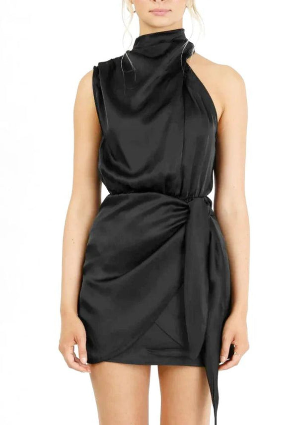 Black Satin Wrap Mini Dress - Miss Satin
