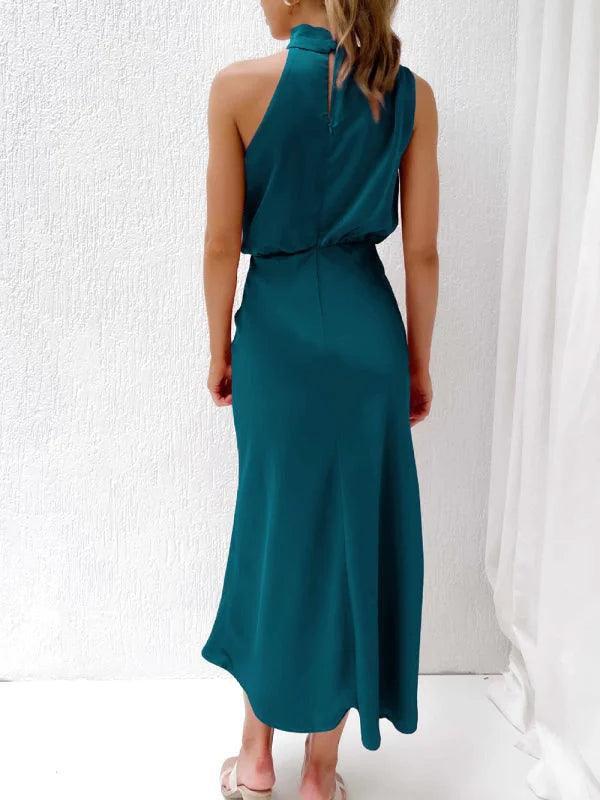 Blue Satin Drape Asymmetric Strap Midi Dress Miss Satin Blue Satin Drape Asymmetric Strap Midi Dress Miss Satin
