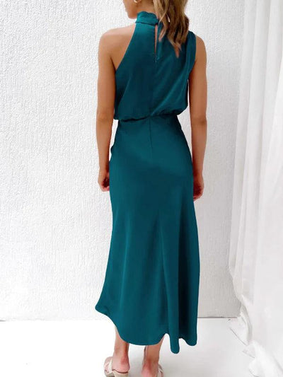 Blue Satin Drape Asymmetric Strap Midi Dress - Miss Satin