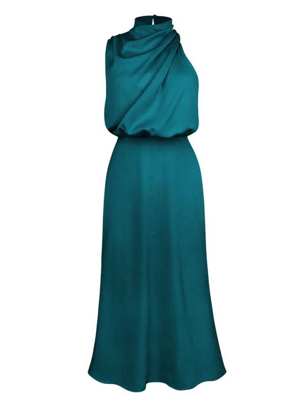 Blue Satin Drape Asymmetric Strap Midi Dress