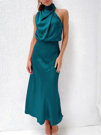 Blue Satin Drape Asymmetric Strap Midi Dress - Miss Satin