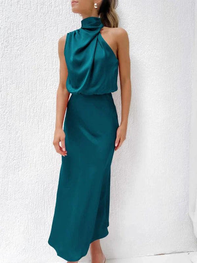 Blue Satin Drape Asymmetric Strap Midi Dress - Miss Satin