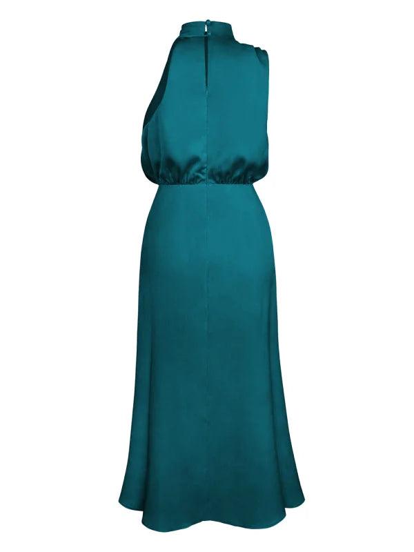 Blue Satin Drape Asymmetric Strap Midi Dress - Miss Satin