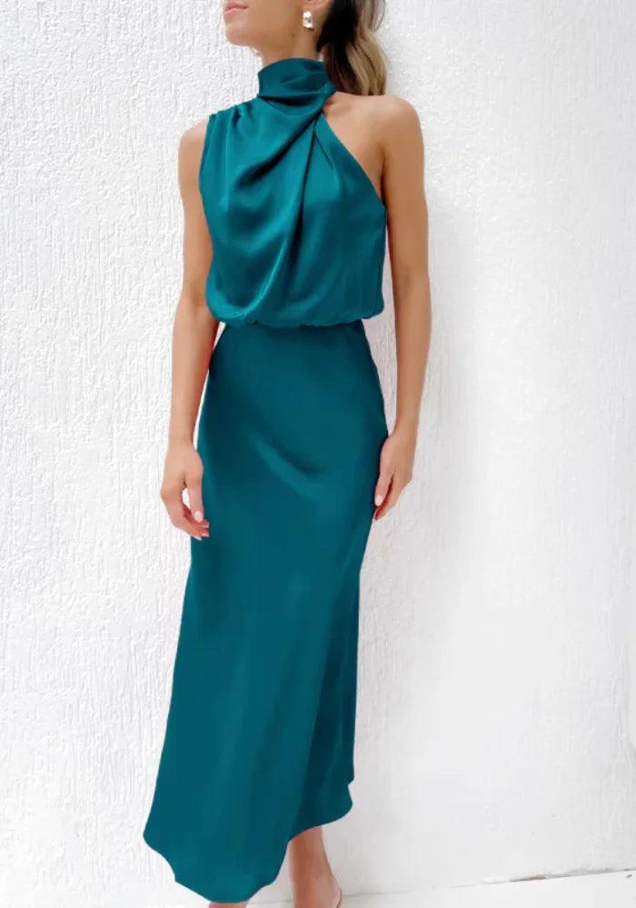 blue satin drape asymmetric strap midi dress Teal Draped Halter | Color:custom color from color charts The front neckline dips Bake_With_Zoha on LTK Long sleeves Prom Dresses