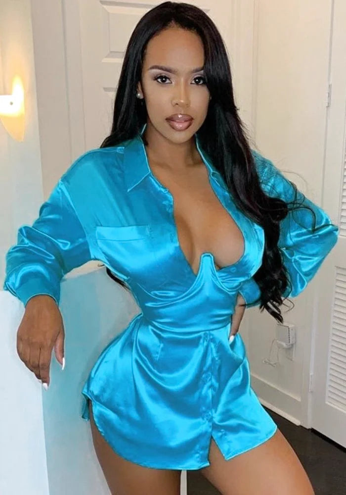 Blue Satin Shirt Dress