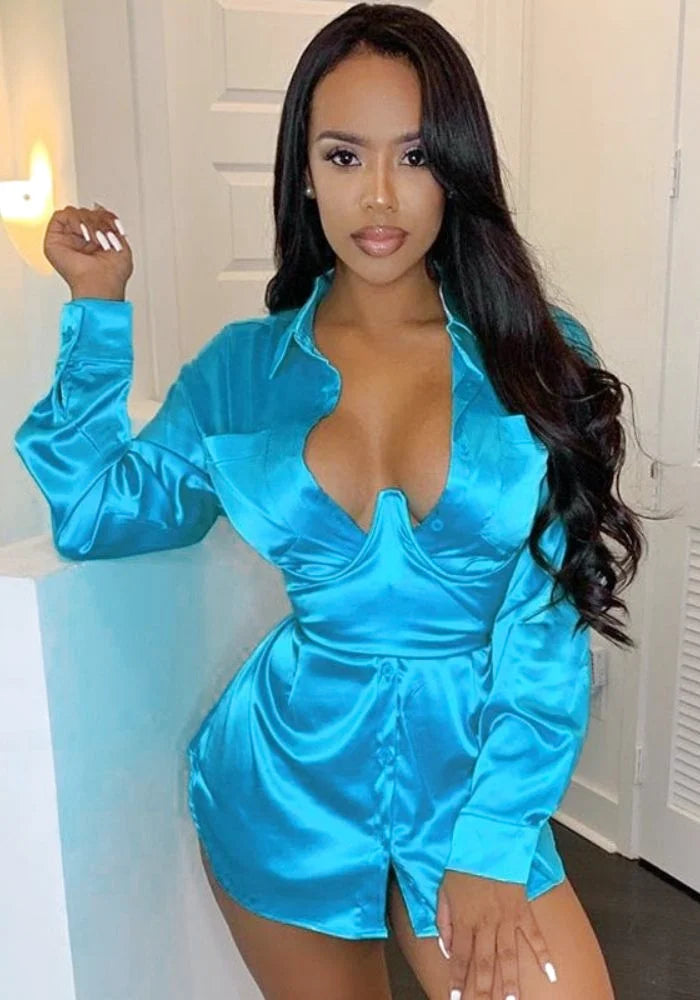 Blue Satin Shirt Dress