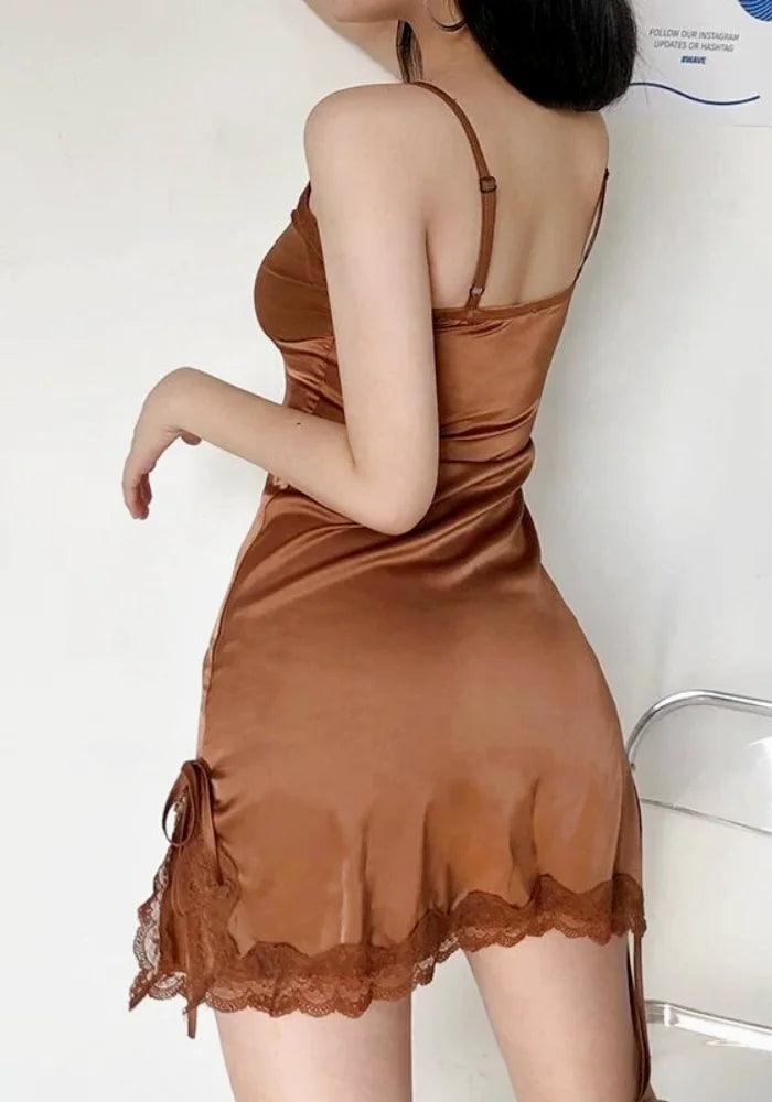 Brown Lace Satin Dress