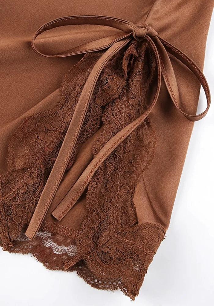 Brown Lace Satin Dress sexy