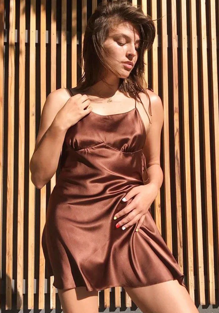 Chocolate Brown Mini Slip Dress with Tie Straps