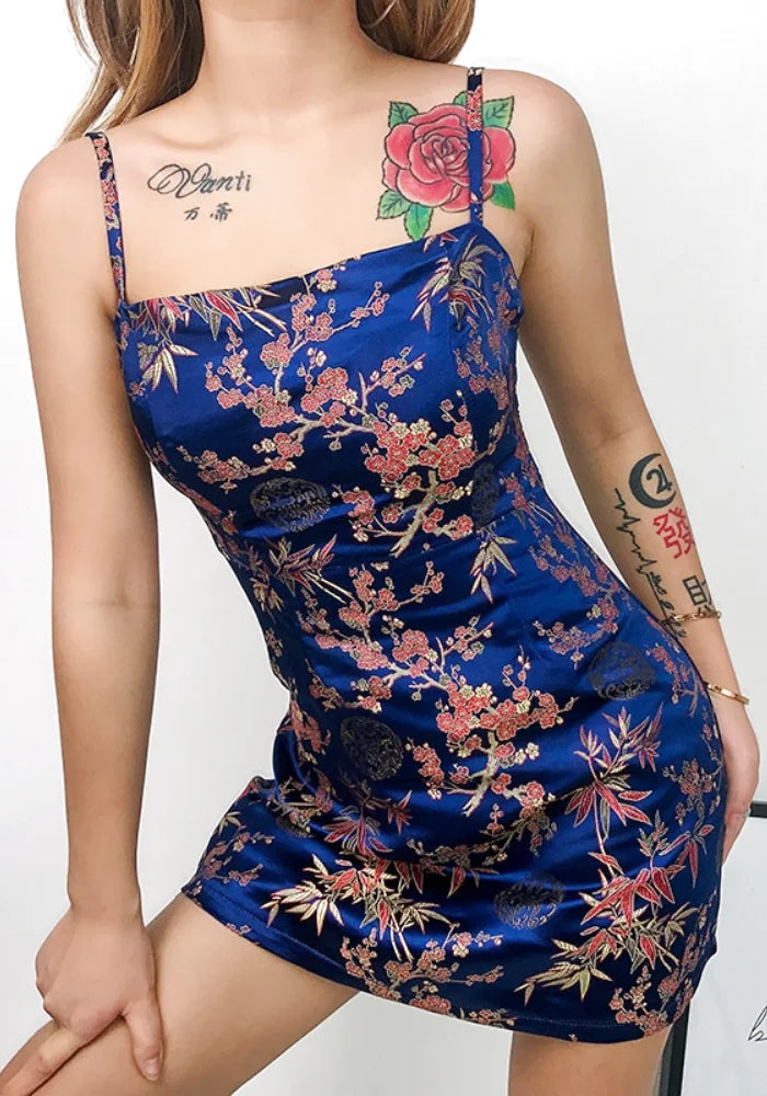 Cobalt Blue Jacquard Mini Slip Dress | Cherry Blossom Print