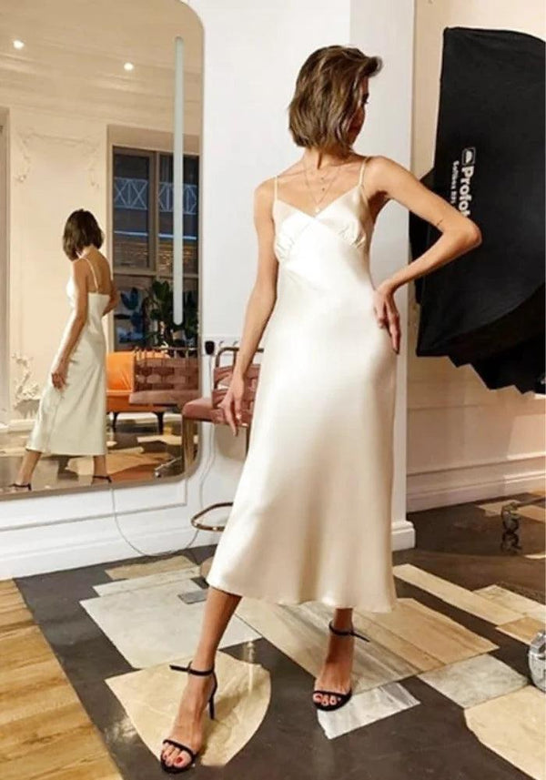 White Cowl Neck Satin Midi Slip Dress, Adjustable Straps