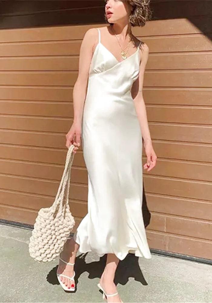 White Cowl Neck Satin Midi Slip Dress, Adjustable Straps