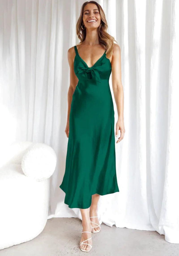 Emerald Green Satin Midi Dress - Miss Satin