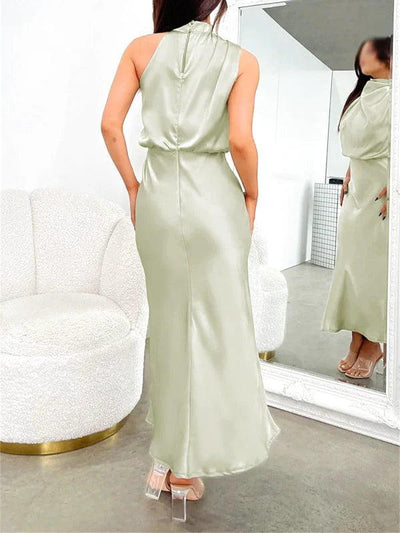 Green Satin drape Asymmetric Strap Midi Dress - Miss Satin