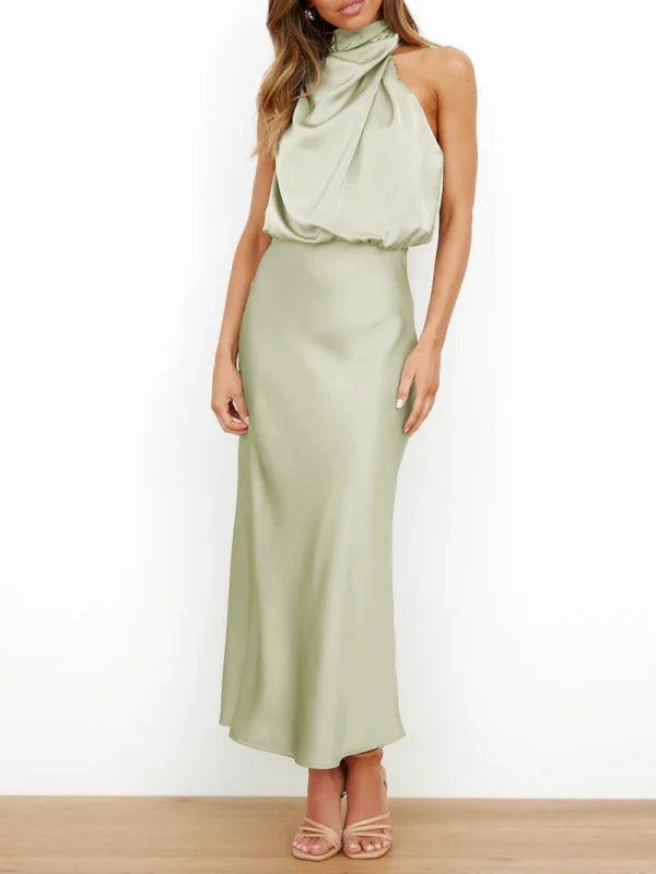 Green Satin Drape Asymmetric Strap Midi Dress - Miss Satin Green Satin Drape Asymmetric Strap Midi Dress - Miss Satin