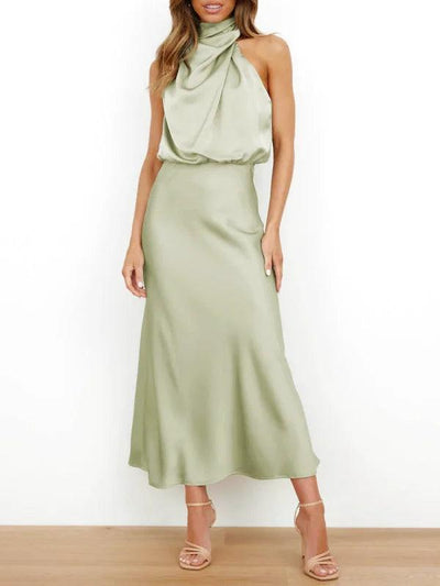 Green Satin drape Asymmetric Strap Midi Dress - Miss Satin