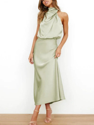 Green Satin drape Asymmetric Strap Midi Dress - Miss Satin