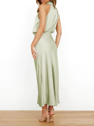 Green Satin drape Asymmetric Strap Midi Dress - Miss Satin