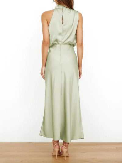 Green Satin drape Asymmetric Strap Midi Dress - Miss Satin