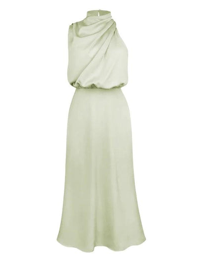Green Satin drape Asymmetric Strap Midi Dress - Miss Satin