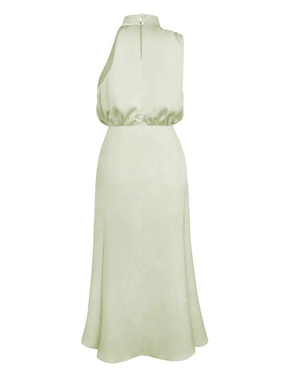 Green Satin drape Asymmetric Strap Midi Dress - Miss Satin