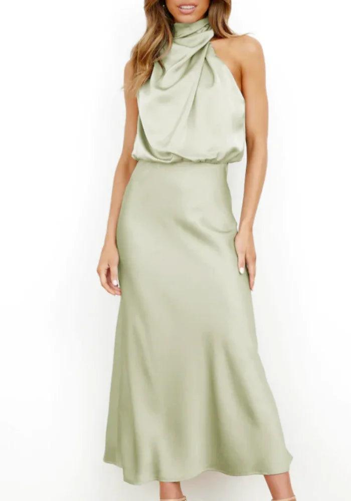 Green Satin Drape Asymmetric Strap Midi Dress