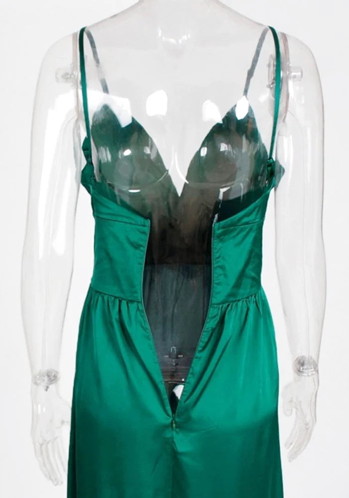 Green Satin Dress With Slit | Miss Satin Green Satin Dress With Slit | Miss Satin