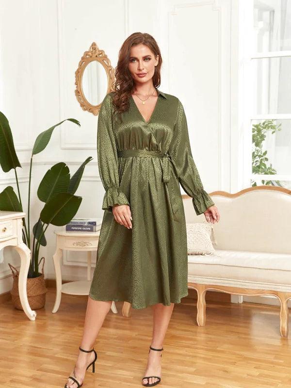 Green Satin Jacquard Dress - Plus-Size, Elegant, and Versatile Miss Satin Green Satin Jacquard Dress - Plus-Size, Elegant, and Versatile Miss Satin