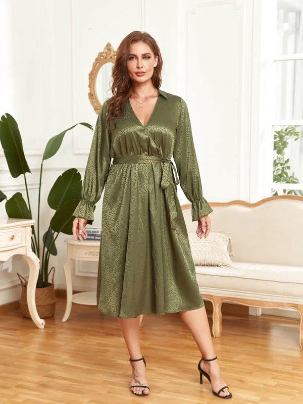 Green Satin Jacquard Dress - Plus-Size, Elegant, and Versatile Miss Satin Green Satin Jacquard Dress - Plus-Size, Elegant, and Versatile Miss Satin