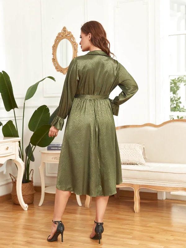 Green Satin Jacquard Dress - Miss Satin