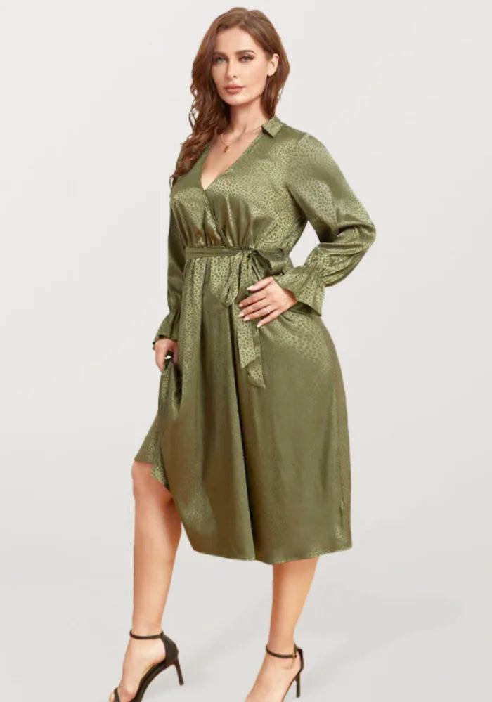 Green Satin Jacquard Dress - Miss Satin