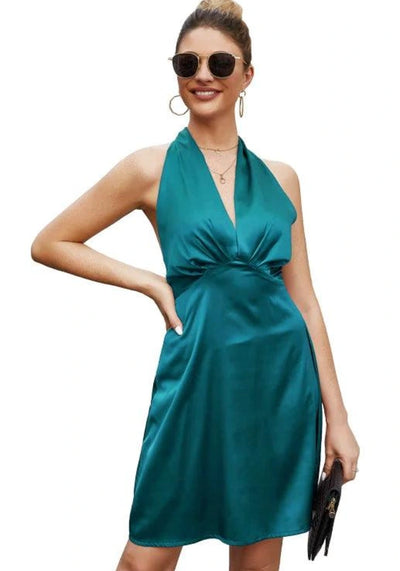 Green Satin Open Back Dress