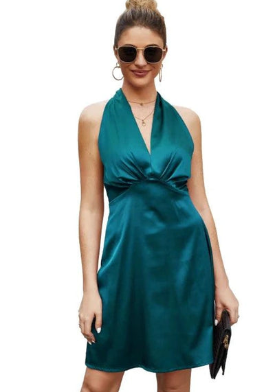 Green Satin Open Back Dress