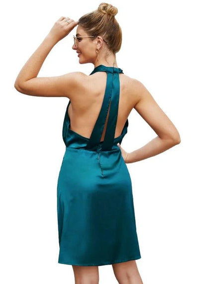 Green Satin Open Back Dress
