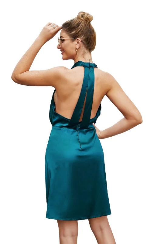 Green Satin Open Back Dress - Miss Satin