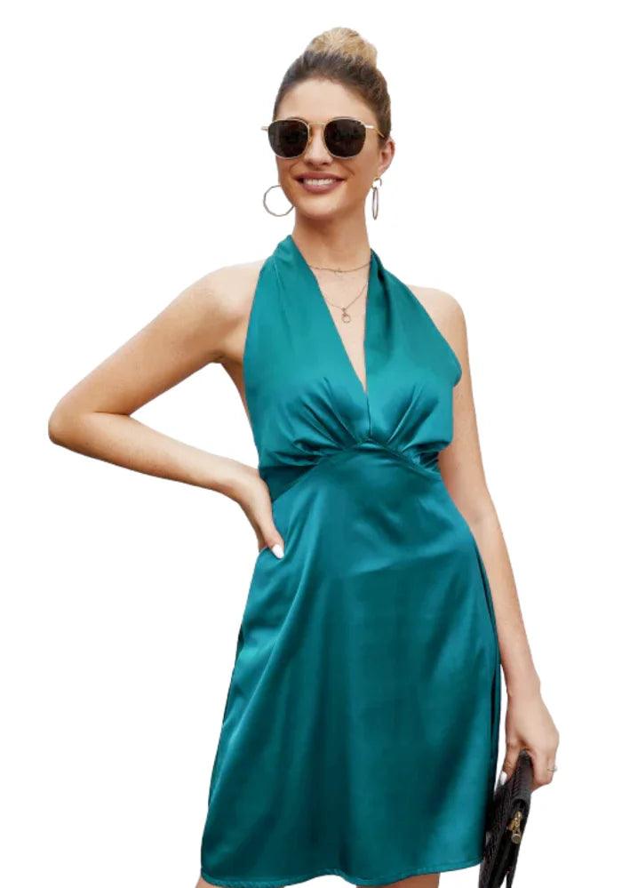 Green Satin Open Back Dress - Miss Satin