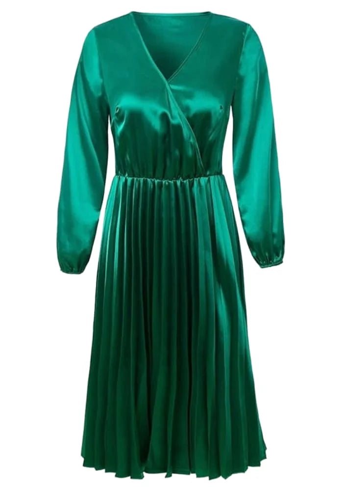 Green Satin Pleated Dress