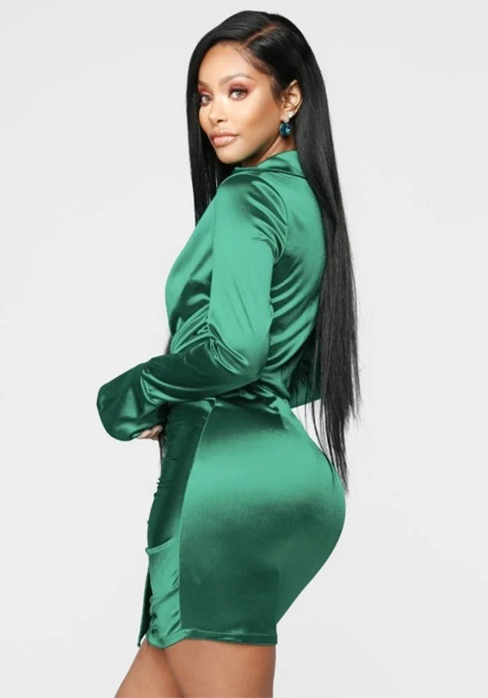 Green Satin Wrap Dress