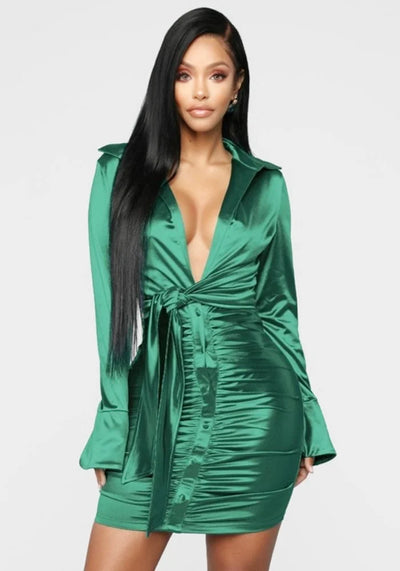 Green Satin Wrap Dress
