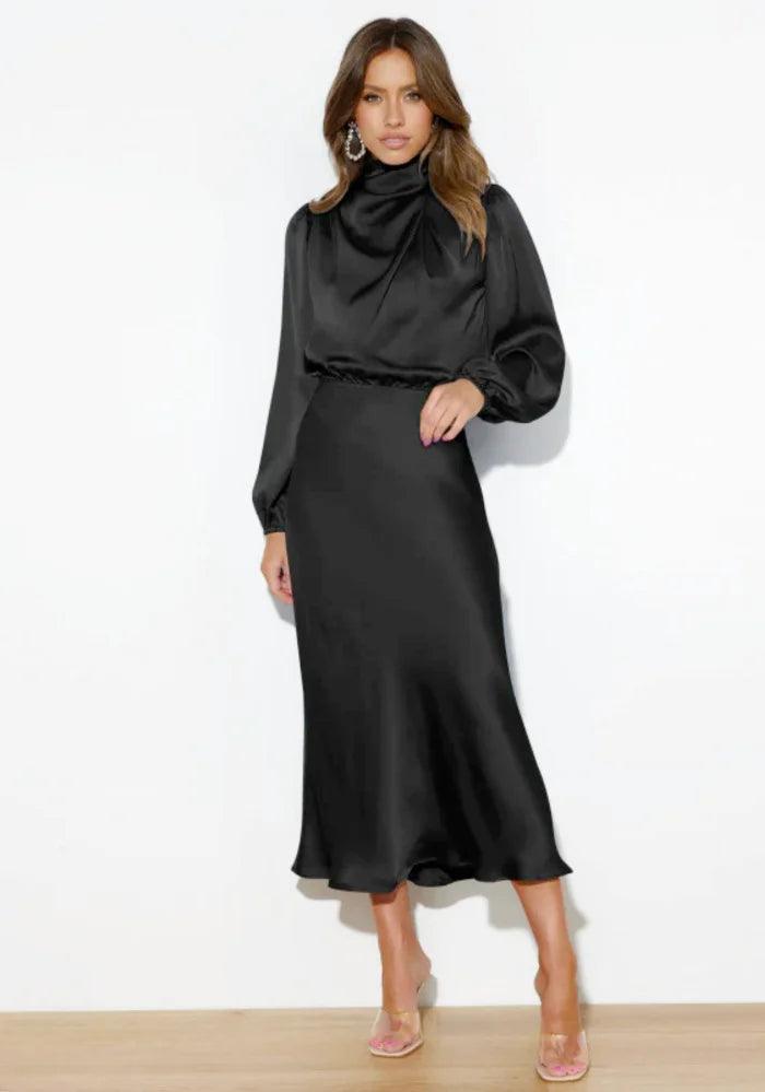 High Neck Black Satin Dress - Miss Satin