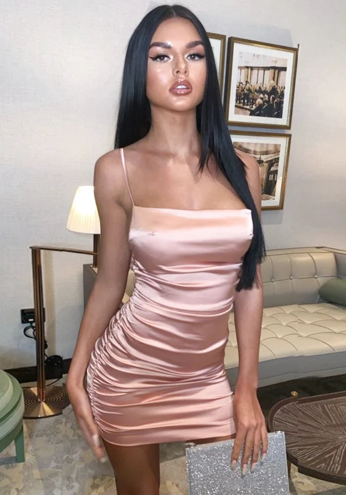 Blush Mini Slip Dress, Open Back & Ruched Sides
