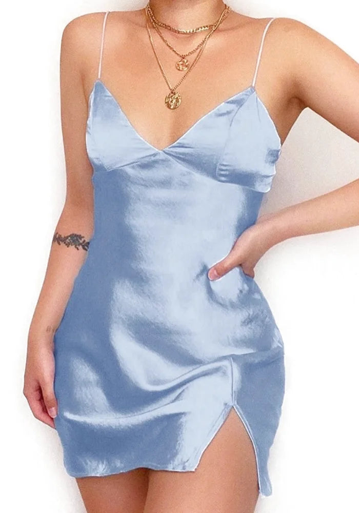 Light Blue Mini Slip Dress, Deep V-Neck, Spaghetti Straps