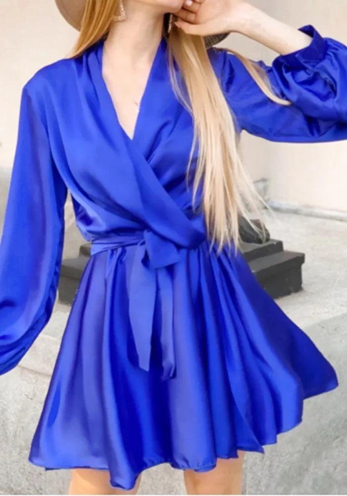 Long Sleeve Blue Satin Dress