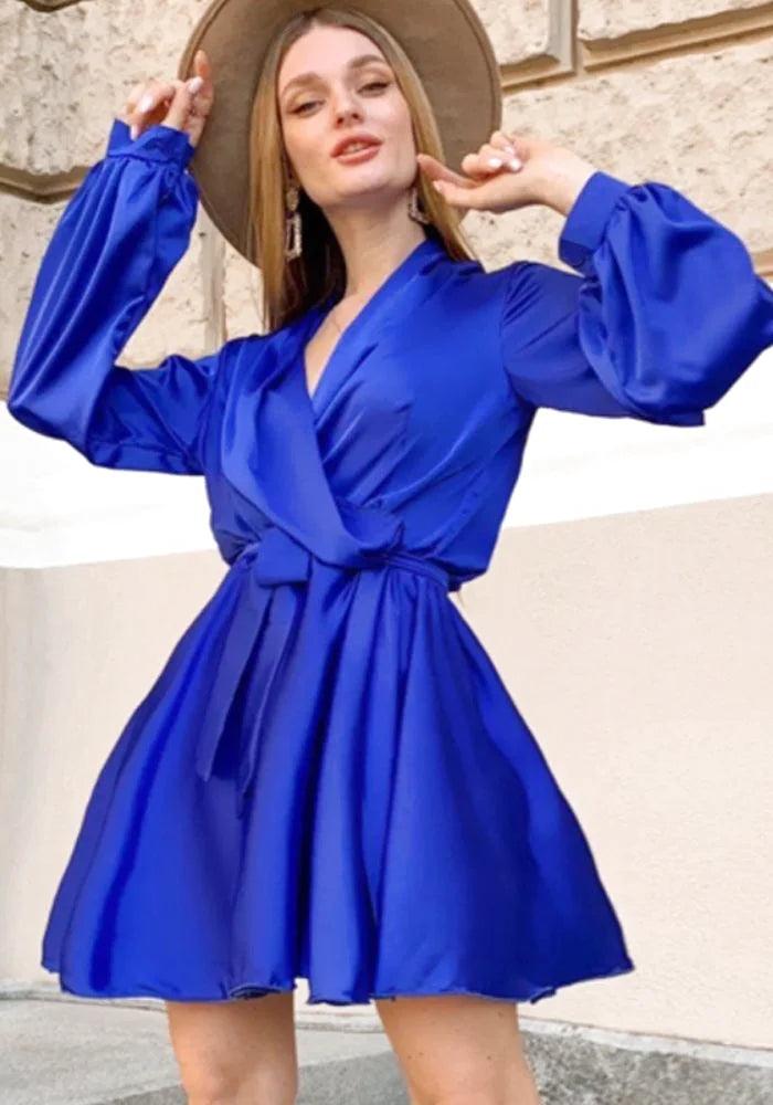 blue satin long sleeve dress Royal Blue Satin Midi Dress with Long Sleeves and Open Back