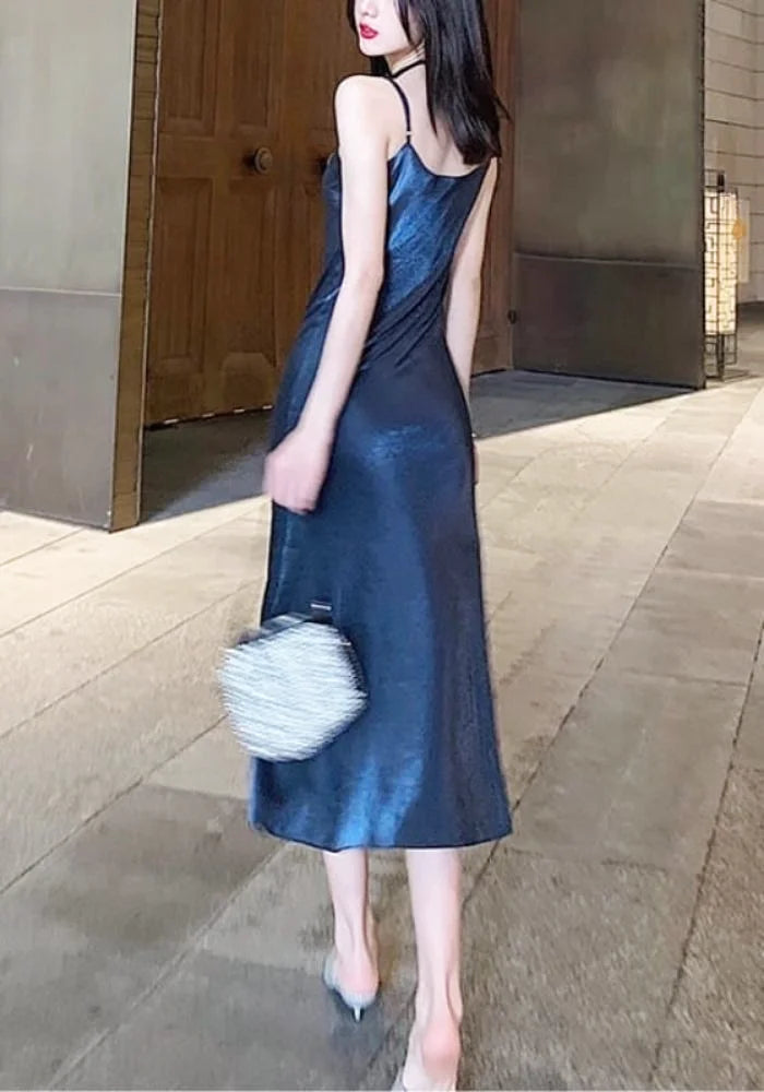 Navy Blue Satin Bridesmaid Dress