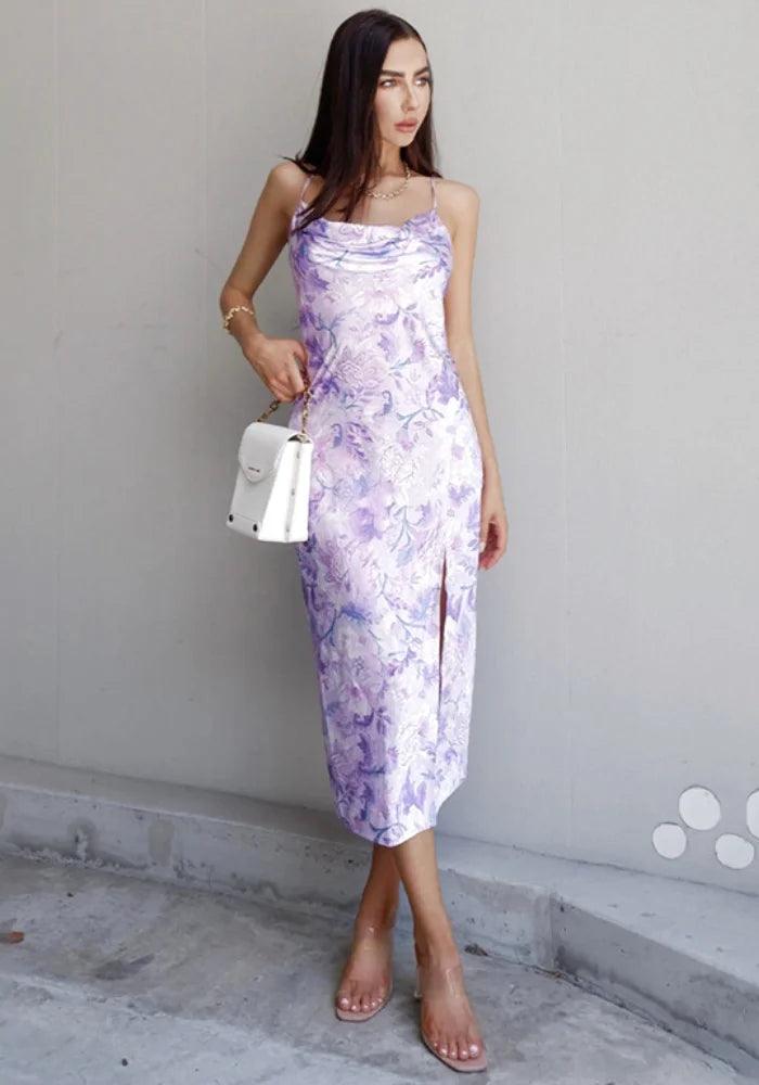 Purple Long Satin Dress floral