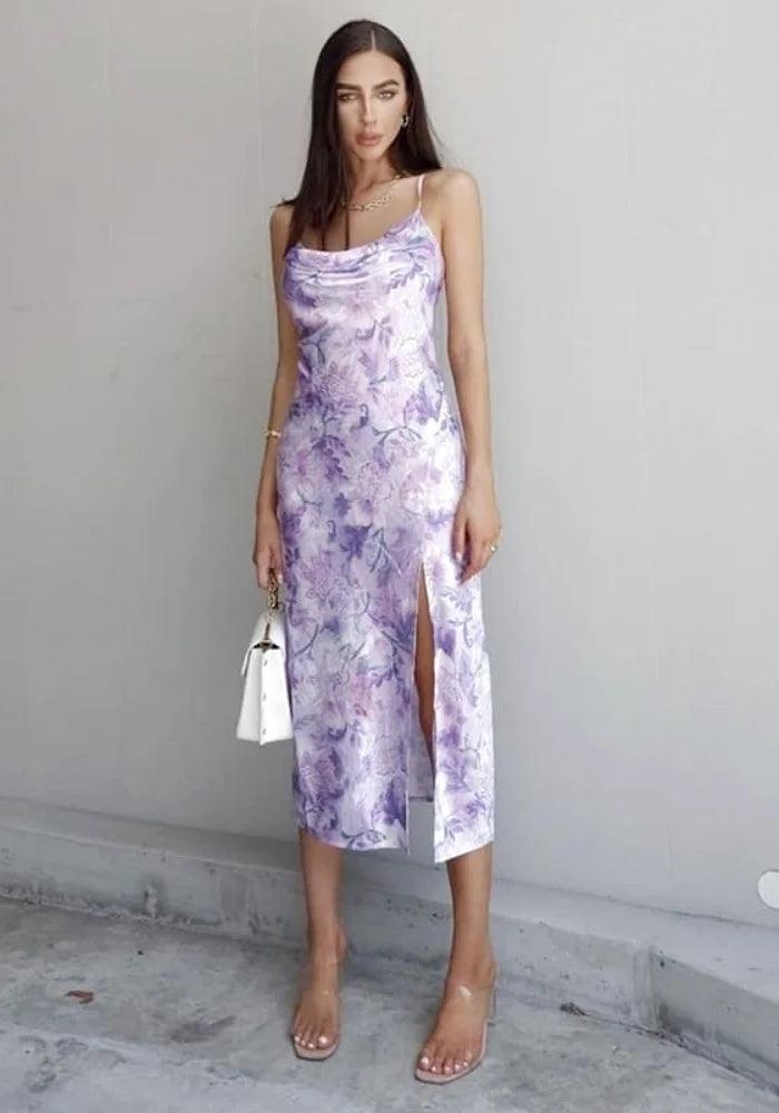 Purple Long Satin Dress floral
